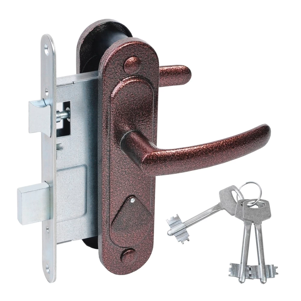 Фото Замок врезной сувальдный с защёлкой в комплекте с ручкой ЗВ9.2-08 (медь антик), 3 кл.